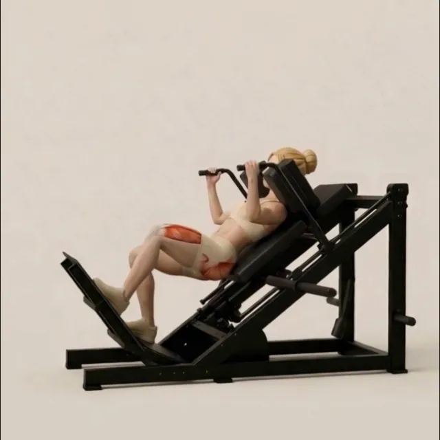 Hack Squat makinesinde B-stance squat — starting position