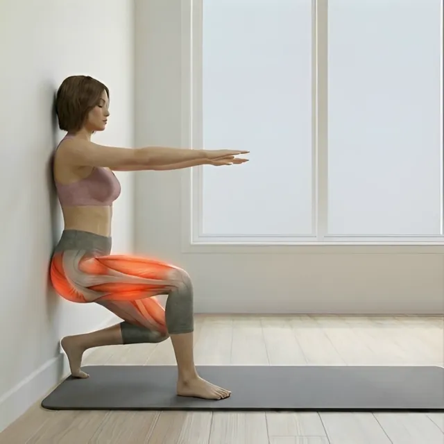 Wall sit glute stretch hand raise hold — starting position