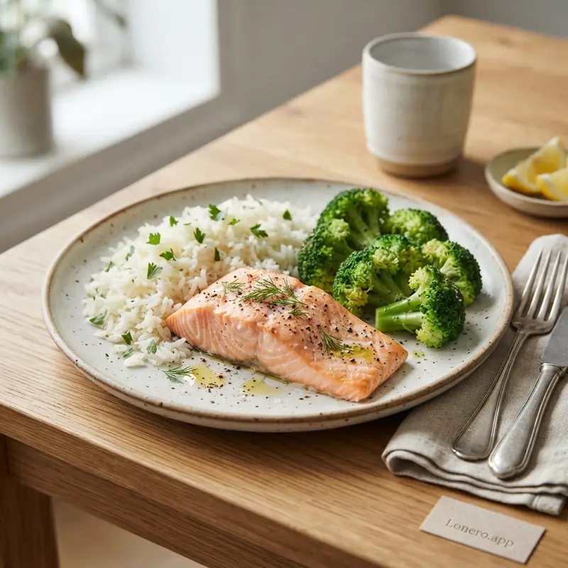 Baked Salmon with Jasmine Rice and Broccoli