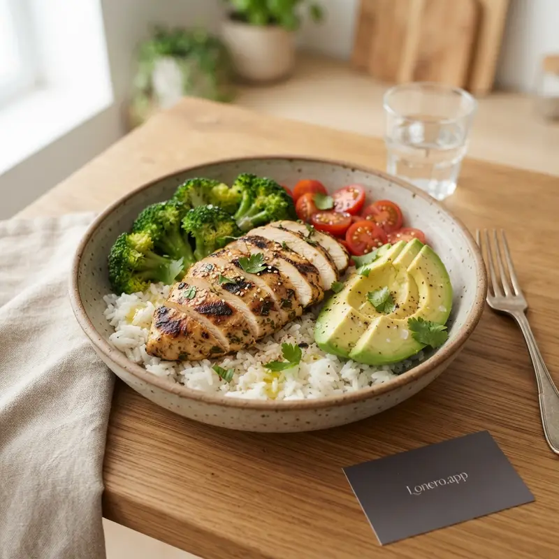 High-Protein Chicken, Rice, and Avocado Bowl