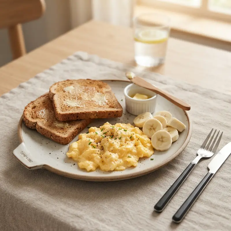 Classic Scrambled Eggs with Whole Grain Toast and Fresh Banana